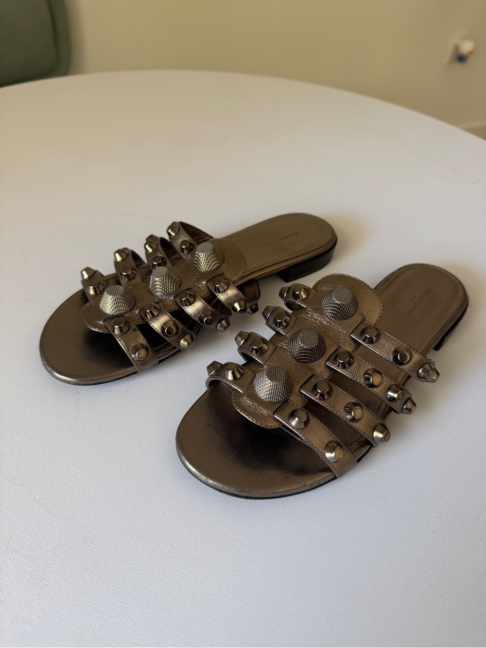 Balenciaga Pewter Studded Strappy Slide Sandals